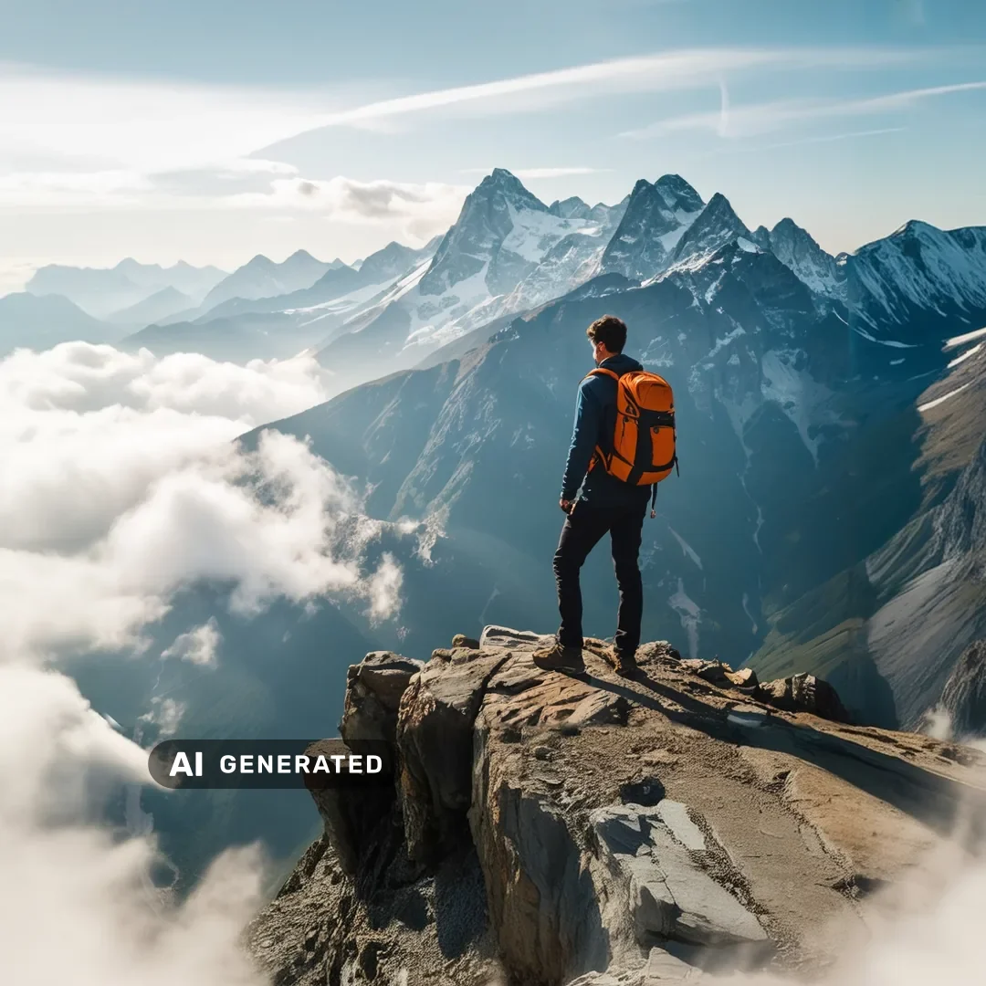 Wanderer mit orangem Rucksack auf einem Felsvorsprung über einem Wolkenmeer, dahinter Berggipfel