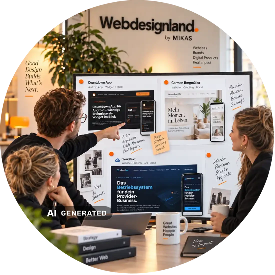 Team einer Webdesign Agentur bespricht Kundenprojekte an einem großen Bildschirm